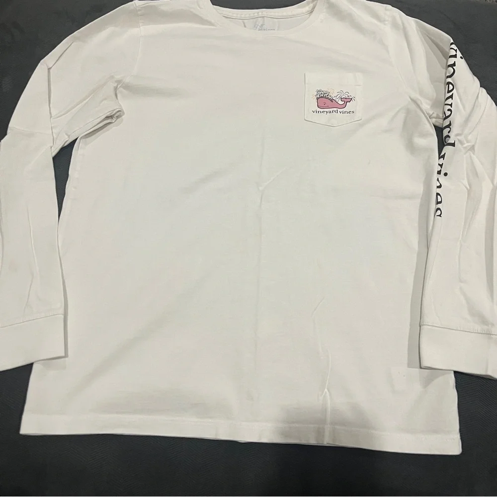 Kids Vineyard Vines White Long Sleeve Pocket Tee with Pink Whale Pocket Graphic